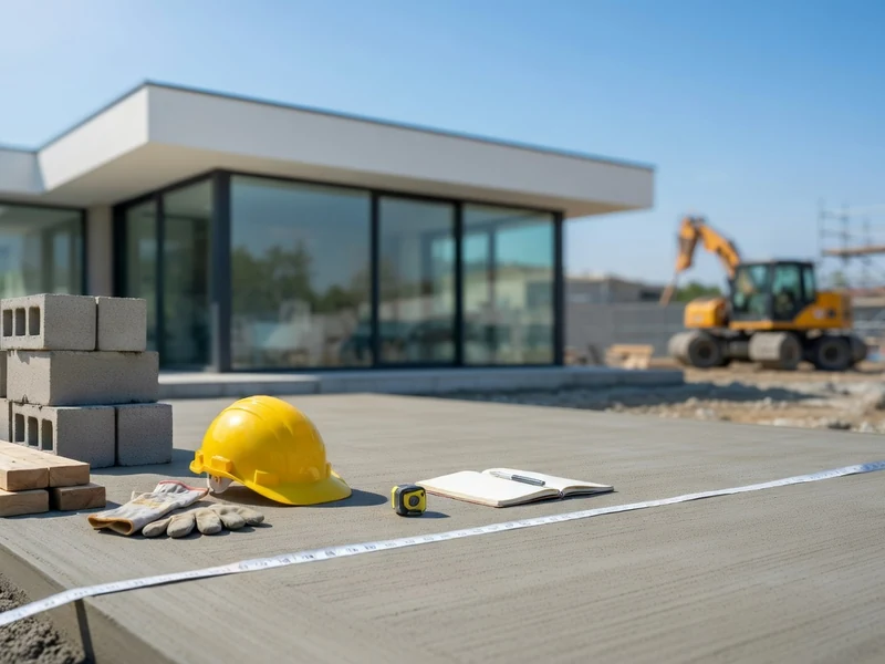 Chantier avec dalle en béton, casque jaune et outils liés au prix du m2 pour une dalle béton