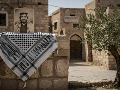 Un keffieh palestinien repose sur un mur de pierre près d'un olivier Un keffieh palestinien est déployé sur un muret en pierre dans un village ancien.