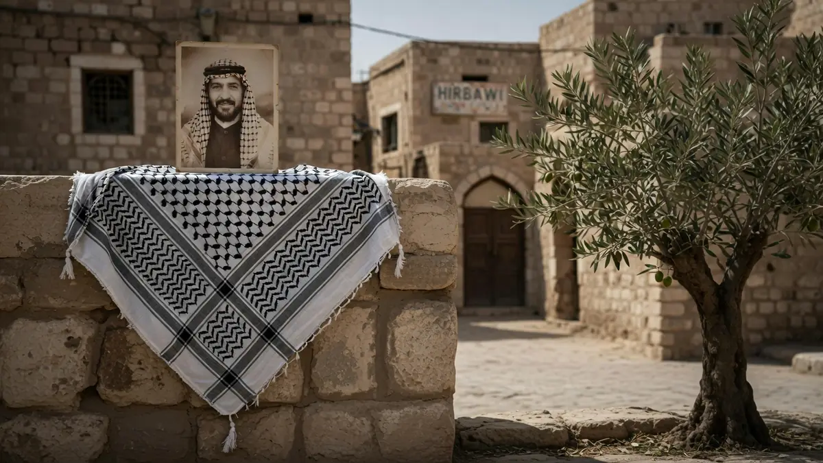 Un keffieh palestinien repose sur un mur de pierre près d'un olivier Un keffieh palestinien est déployé sur un muret en pierre dans un village ancien.