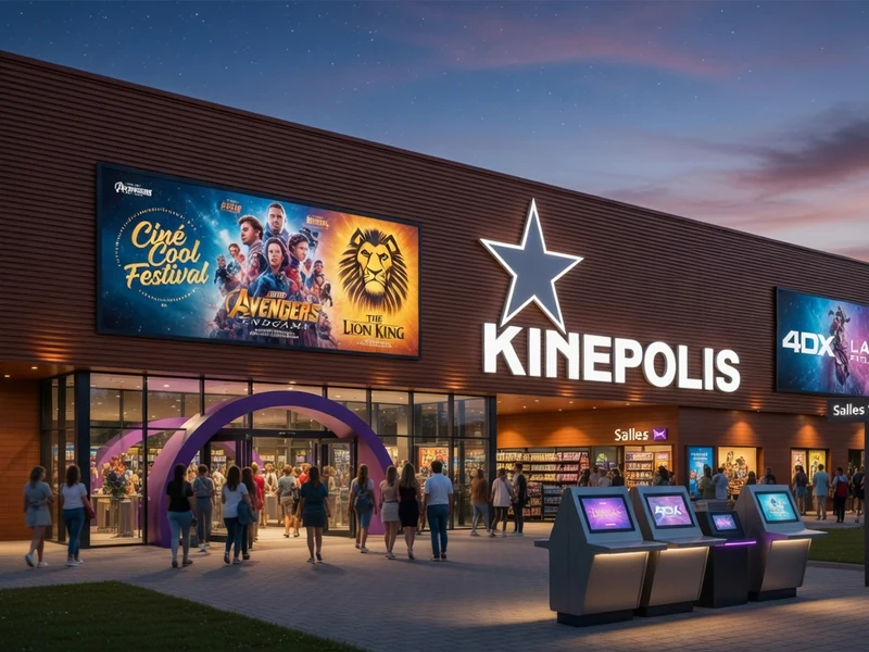 Façade du Kinepolis Amnéville illuminée au crépuscule avec des visiteurs à l'extérieur