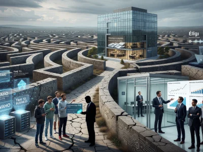 Experts en affaires explorent un labyrinthe futuriste doté de technologies Élīgi