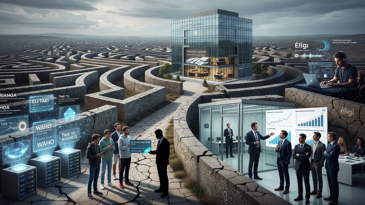 Experts en affaires explorent un labyrinthe futuriste doté de technologies Élīgi