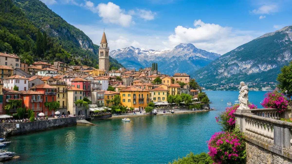 Vue sur un village coloré bordant le lac de Côme avec des montagnes en arrière-plan