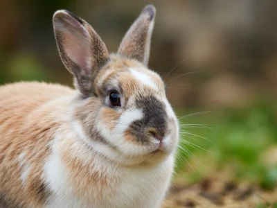 Un lapin domestique au pelage beige et blanc observe sur le côté en gros plan