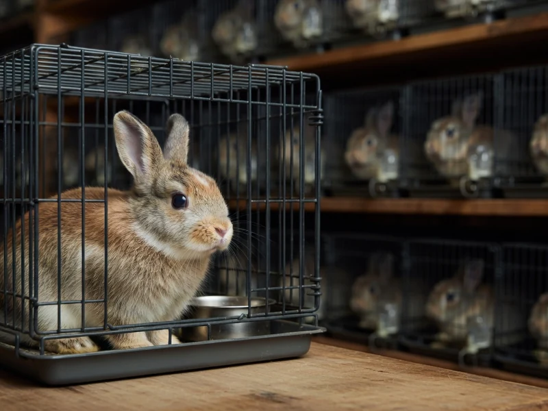 Un lapin nain extra se tient dans une cage sur une table en bois avec d'autres cages en arrière-plan