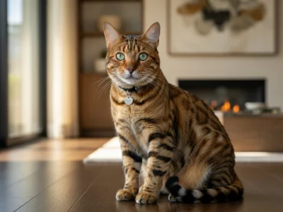 Un chat Bengal prix assis sur le parquet d'un salon moderne