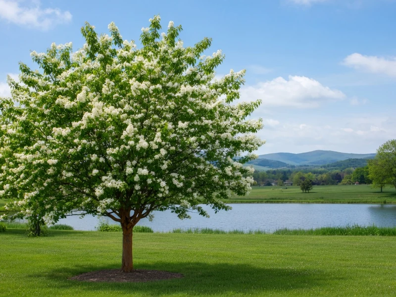 Un magnifique lila du japon en fleurs se dresse dans un jardin verdoyant au bord d'un étang