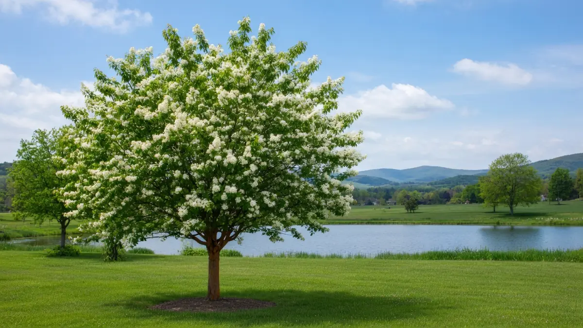 Un magnifique lila du japon en fleurs se dresse dans un jardin verdoyant au bord d'un étang