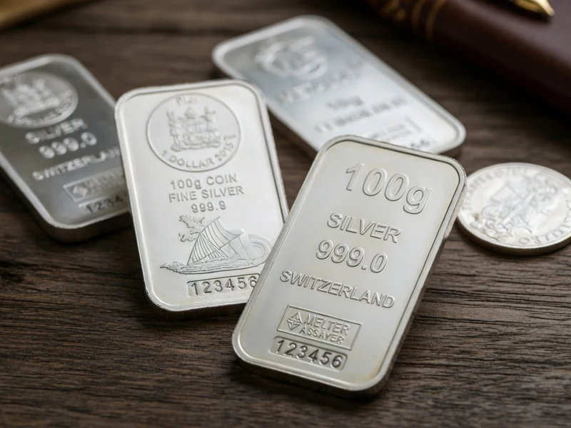 Un lingot argent 100g repose sur une table en bois aux côtés d'autres barres et pièces en argent