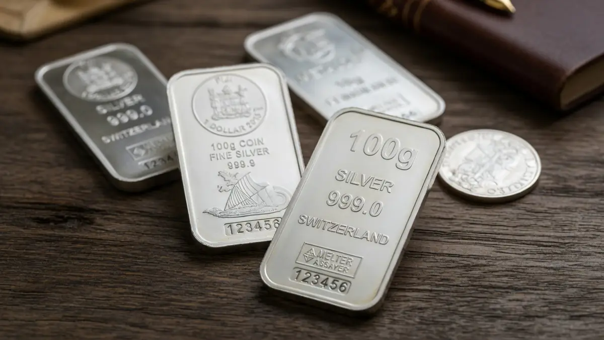 Un lingot argent 100g repose sur une table en bois aux côtés d'autres barres et pièces en argent