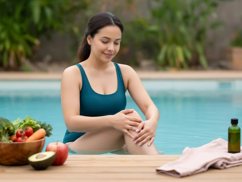 Une femme masse sa jambe dans une piscine pour illustrer une approche de lipœdème traitement naturel