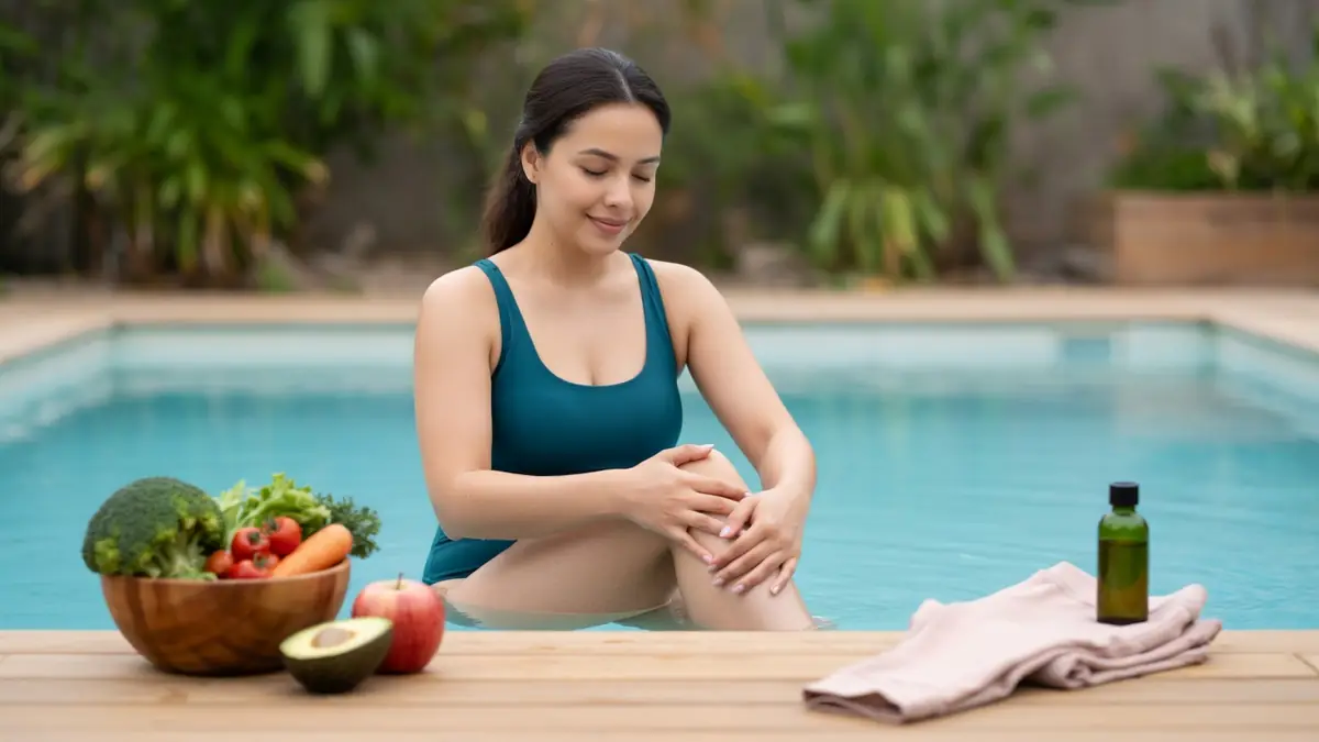 Une femme masse sa jambe dans une piscine pour illustrer une approche de lipœdème traitement naturel