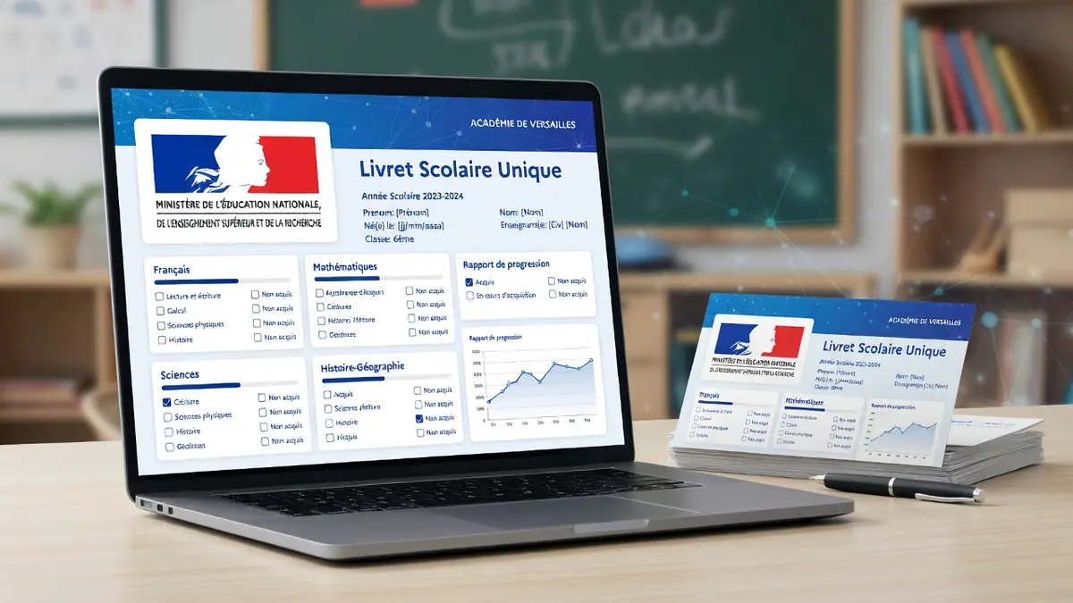 Un ordinateur portable affiche l'interface numérique du LSU Versailles sur un bureau d'écolier