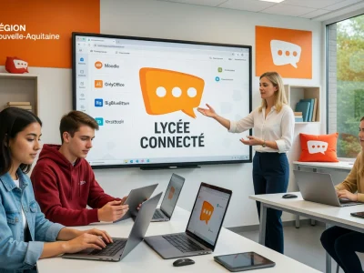 Une enseignante présente le lycée connecté à des élèves utilisant des ordinateurs dans une classe moderne.