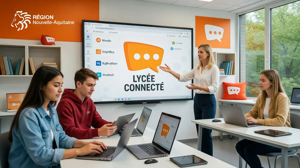 Une enseignante présente le lycée connecté à des élèves utilisant des ordinateurs dans une classe moderne.