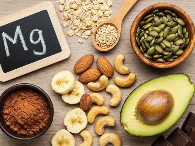 Des aliments comme avocat et noix illustrent le magnésium et alimentation sur bois