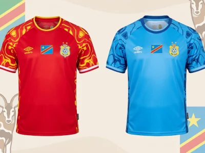 Présentation du maillot Congo en versions rouge et bleue devant des illustrations de drapeaux et d'animaux
