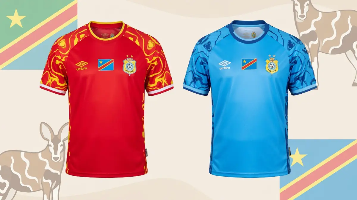 Présentation du maillot Congo en versions rouge et bleue devant des illustrations de drapeaux et d'animaux