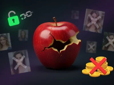 Une pomme rouge cassée entourée de photos de femmes et de pièces barrées illustre Gleeden avis