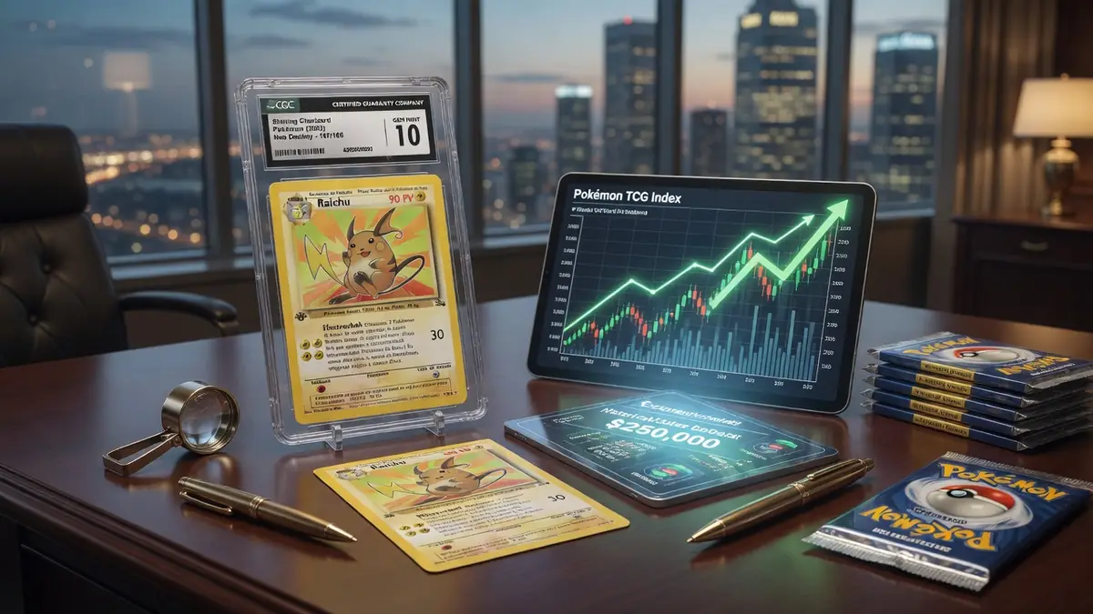 Un bureau présente des objets Pokémon illustrant la valeur des cartes Pokémon