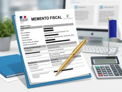 Document administratif de type Memento fiscal posé sur un bureau avec une calculatrice et un stylo