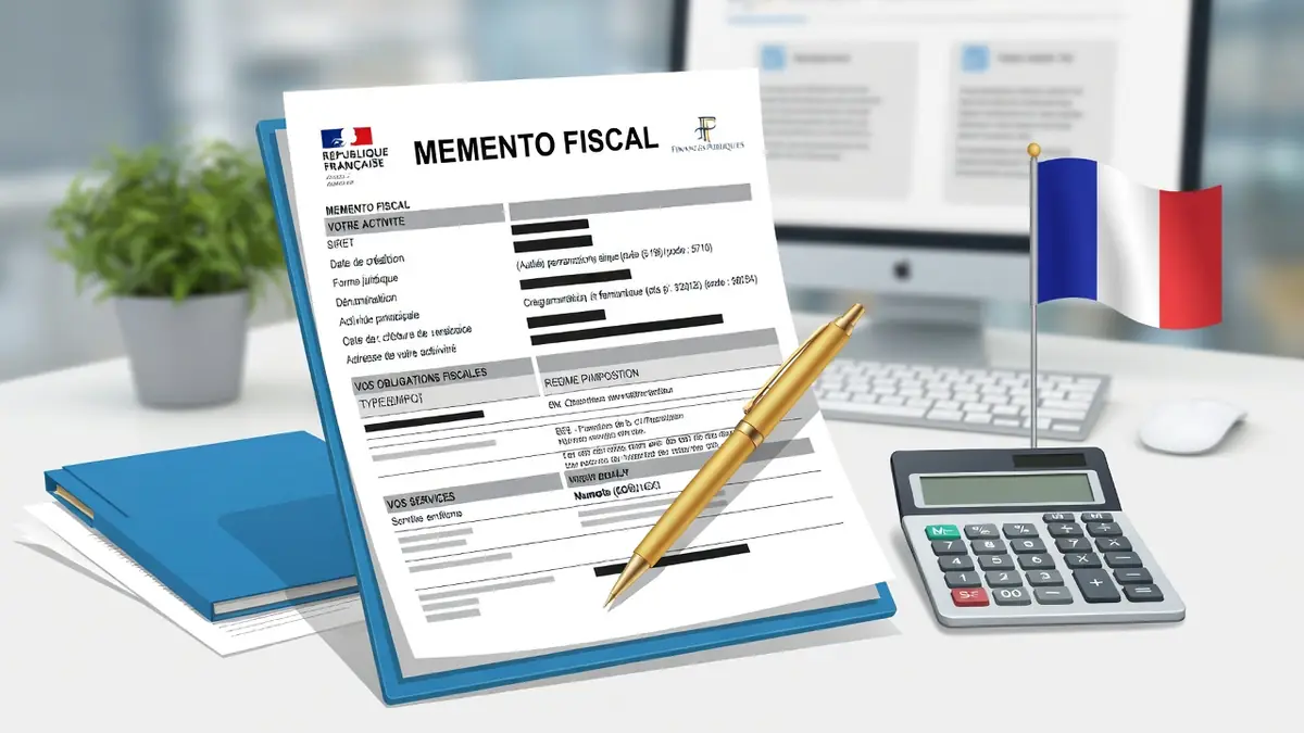 Document administratif de type Memento fiscal posé sur un bureau avec une calculatrice et un stylo