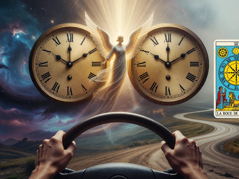 Des mains sur un volant face à une route avec des horloges indiquant 10h10 signification et un ange dans le ciel