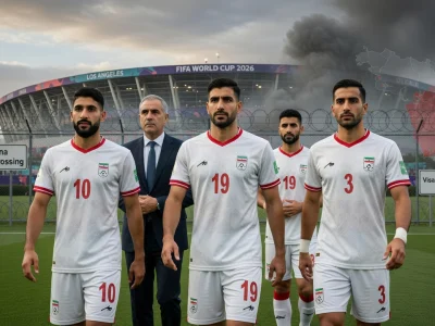 Des joueurs de l'équipe nationale d'Iran football marchant devant un stade sous un ciel sombre