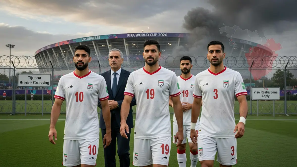 Des joueurs de l'équipe nationale d'Iran football marchant devant un stade sous un ciel sombre