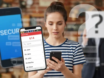Une femme consulte son téléphone pour identifier un numéro inconnu avec un annuaire pour portable gratuit