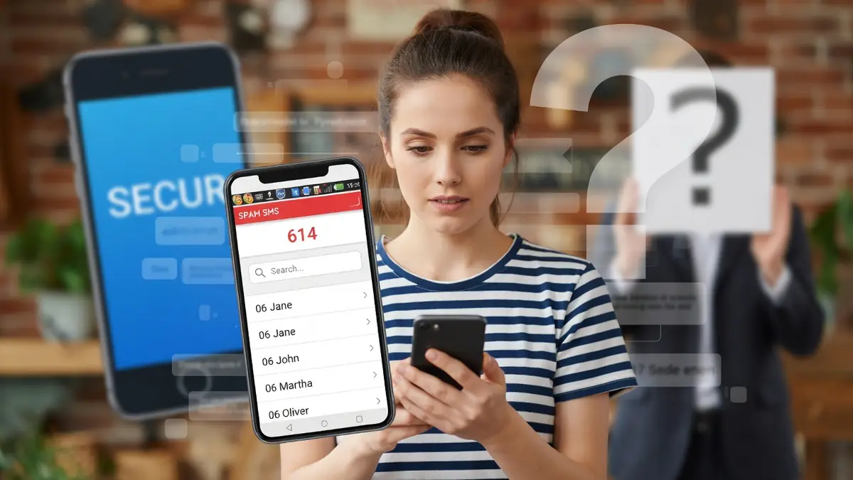 Une femme consulte son téléphone pour identifier un numéro inconnu avec un annuaire pour portable gratuit