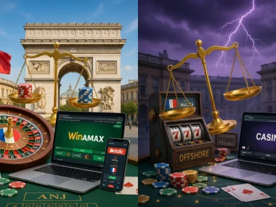 Illustration du casino en ligne en France opposant cadre légal et tentation offshore avec roulette et monuments parisiens