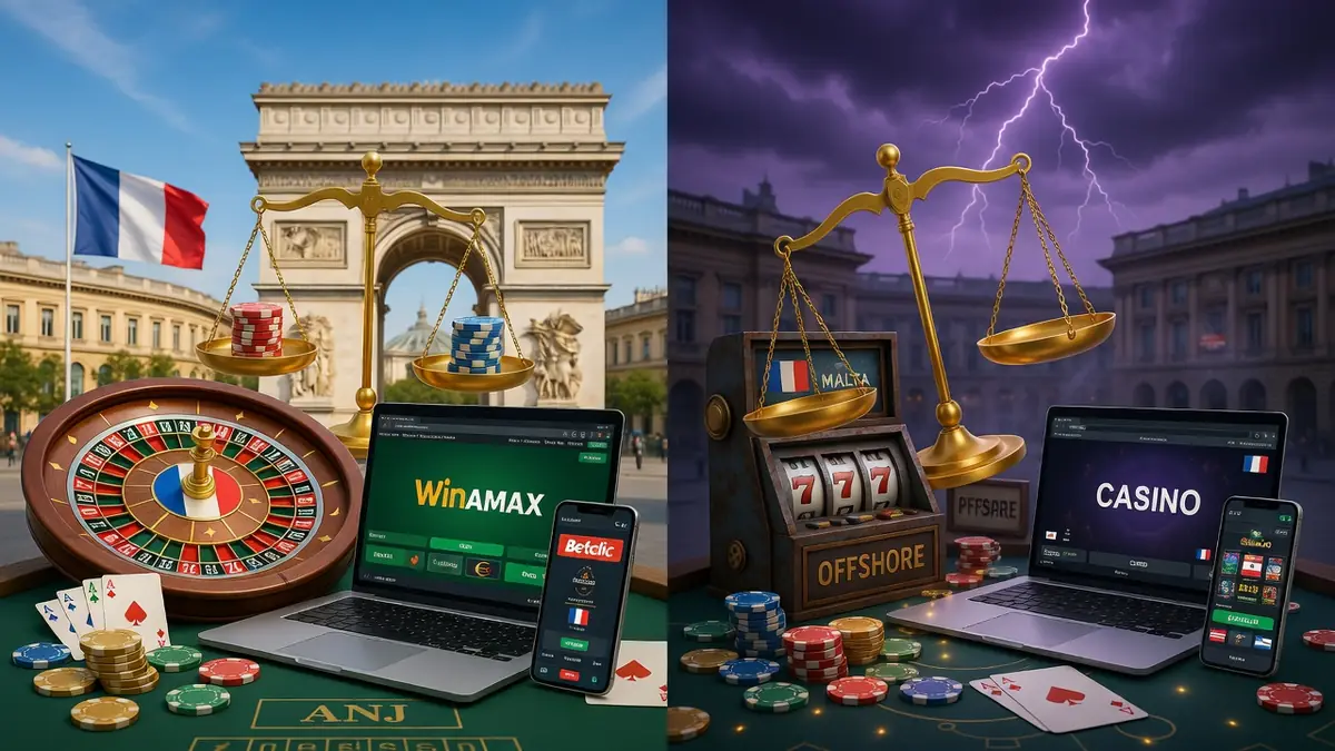 Illustration du casino en ligne en France opposant cadre légal et tentation offshore avec roulette et monuments parisiens