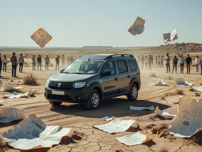Le Dacia Sandman est visible dans un paysage désertique jonché de papiers et entouré de badauds