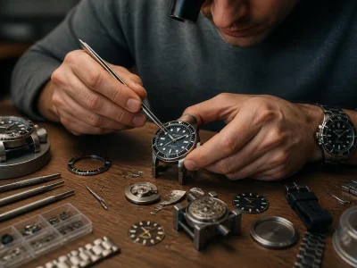 Horloger utilisant une pince de précision pour réaliser du modding Seiko sur une montre posée sur son établi