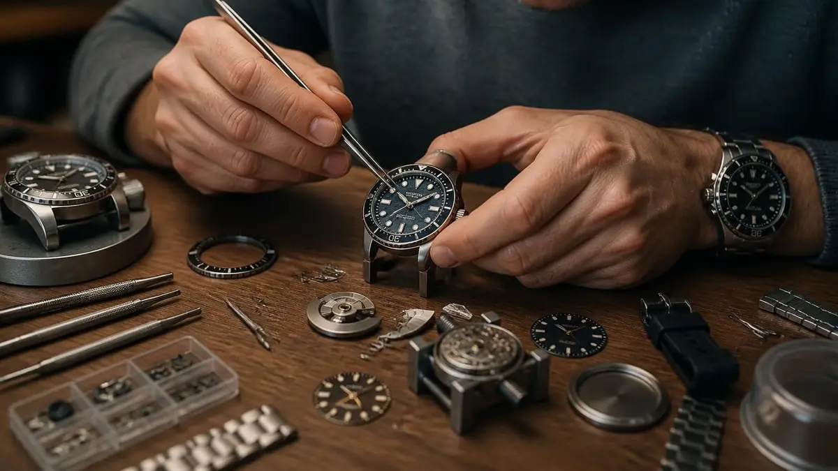 Horloger utilisant une pince de précision pour réaliser du modding Seiko sur une montre posée sur son établi