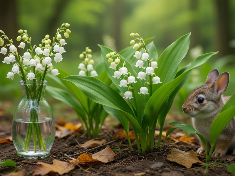 Un lapin près d'un vase de muguet toxique et de plants en forêt