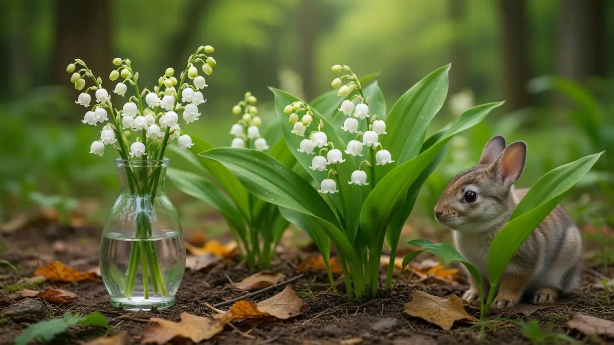 Un lapin près d'un vase de muguet toxique et de plants en forêt