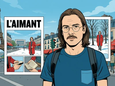 Lucas Harari se tient devant des cases de bande dessinée sur fond de Paris
