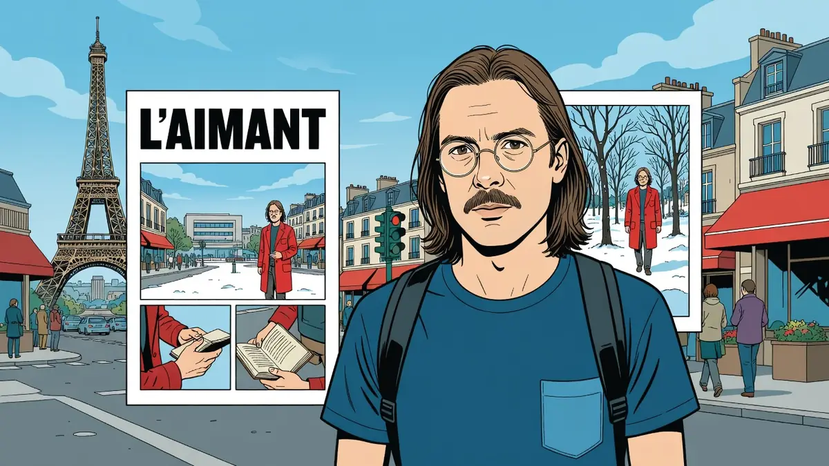 Lucas Harari se tient devant des cases de bande dessinée sur fond de Paris