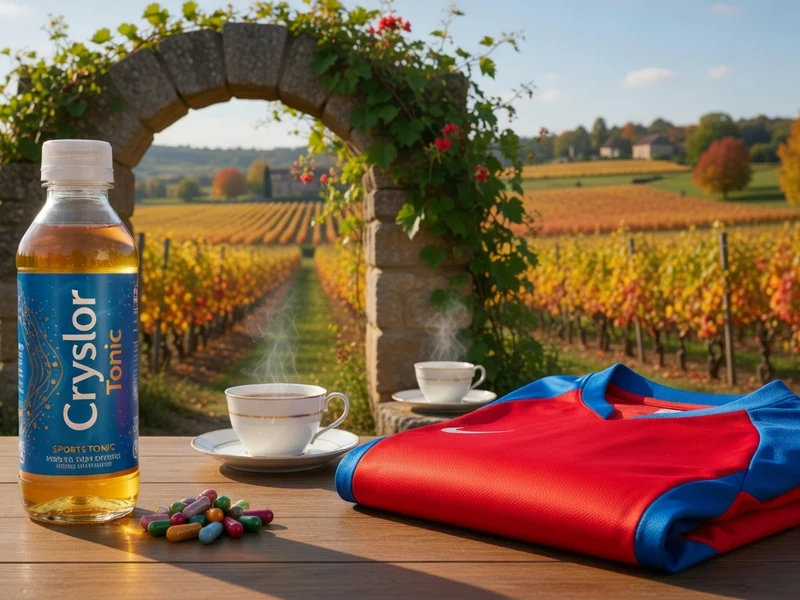 Une bouteille de Cryslor est disposée sur une table devant un vignoble avec des tasses et des pilules colorées