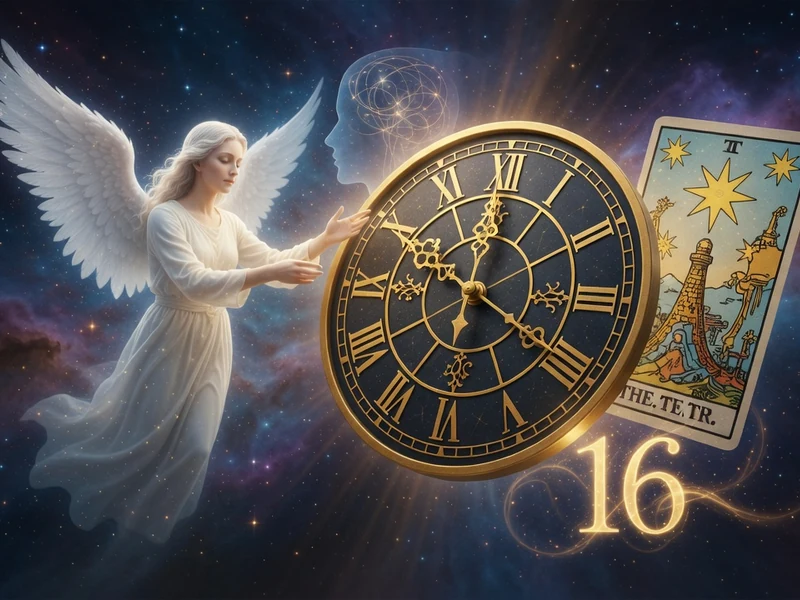 Un ange ailé touche une horloge indiquant 16h16 sur fond de nébuleuse cosmique.