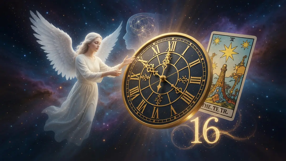Un ange ailé touche une horloge indiquant 16h16 sur fond de nébuleuse cosmique.