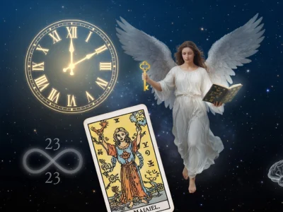 Illustration mystique avec un ange et une carte de tarot pour découvrir la 23h23 signification dans le ciel étoilé
