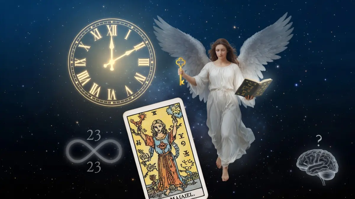 Illustration mystique avec un ange et une carte de tarot pour découvrir la 23h23 signification dans le ciel étoilé