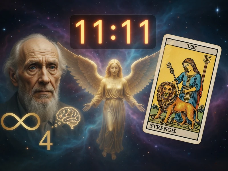 Scène cosmique illustrant l'heure miroir 11h11 avec un sage un ange lumineux et une carte de tarot