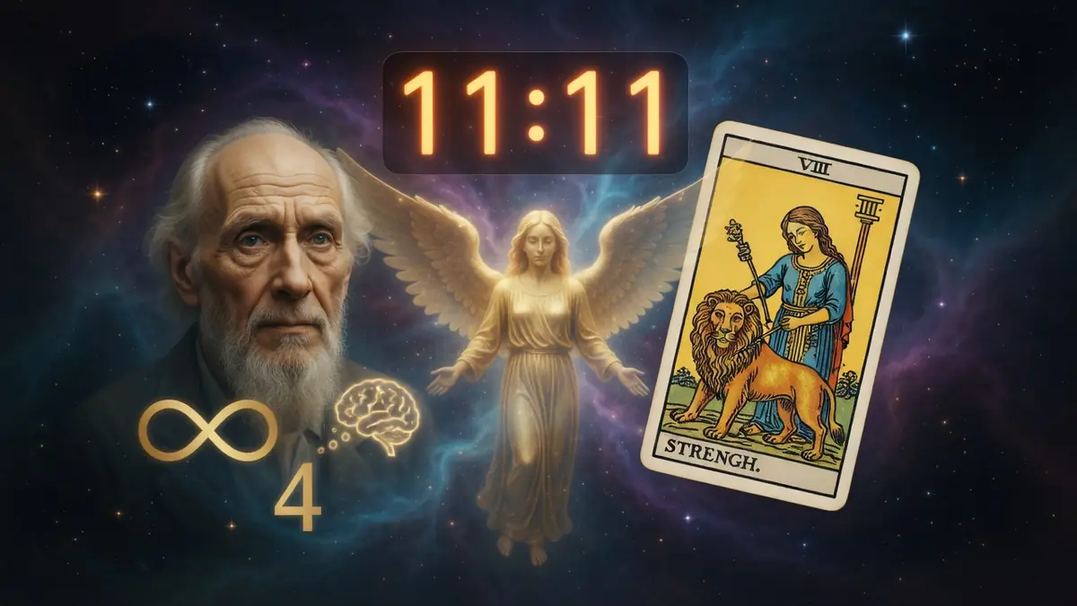 Scène cosmique illustrant l'heure miroir 11h11 avec un sage un ange lumineux et une carte de tarot