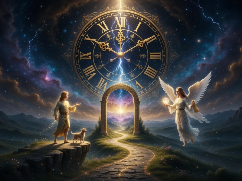 Le paysage onirique illustre la 00h00 signification à travers une horloge monumentale et un ange ailé