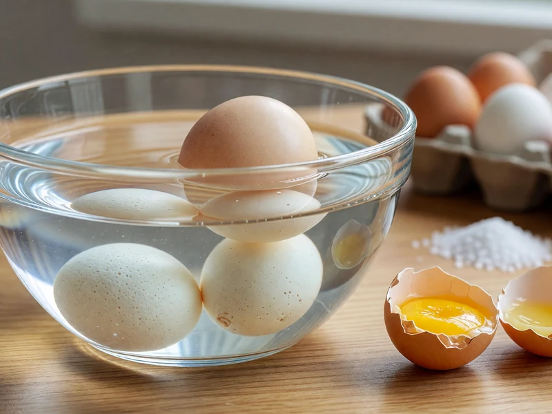 Un bol en verre avec des oeufs dans l'eau dont un oeuf flotte près d'une coquille brisée et d'un carton