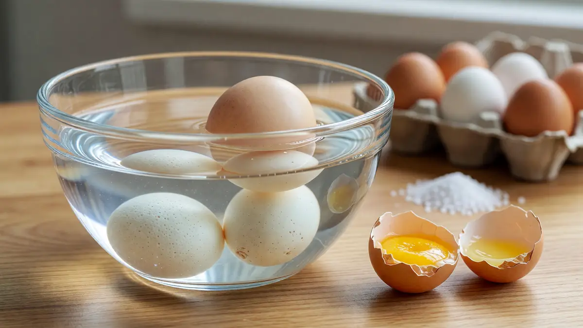 Un bol en verre avec des oeufs dans l'eau dont un oeuf flotte près d'une coquille brisée et d'un carton